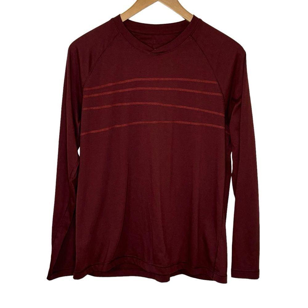 REI Men's Red Burgundy Striped Long Sleeve V Neck Tee T- Shirt Relaxed Size L